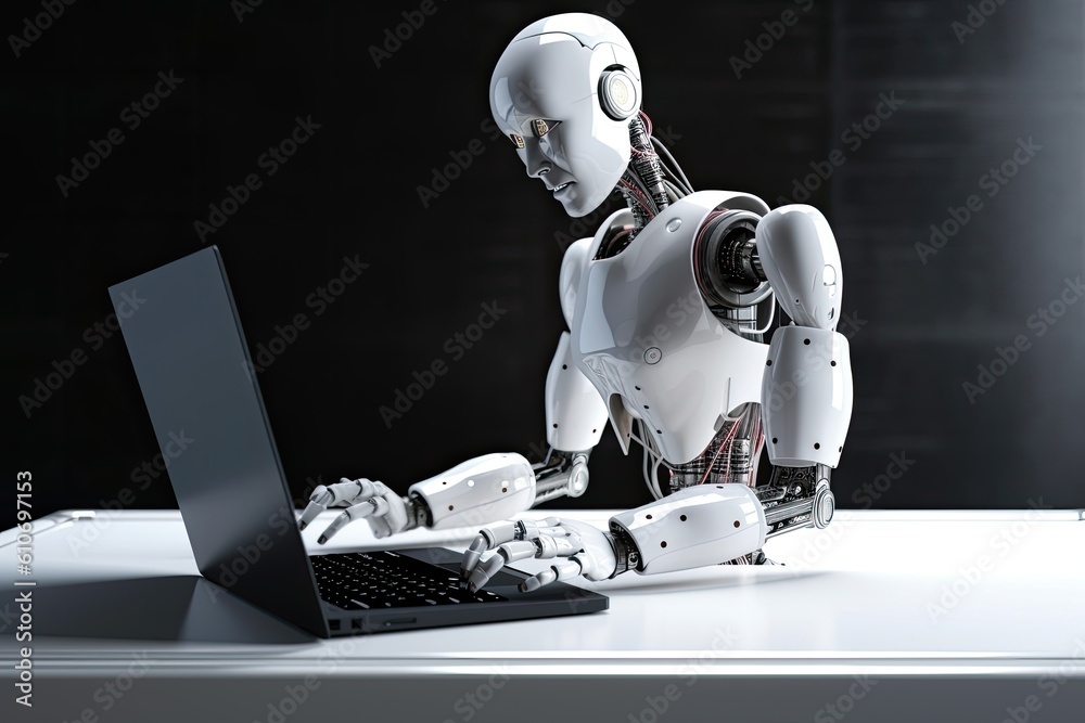 3d rendering humanoid robot working with laptop on desk in dark room ...