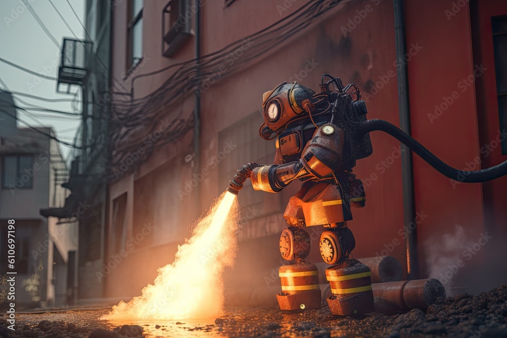 Firefighter robot fighting a fire in the street. Firefighter concept ...