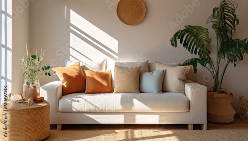 lovely tan couch in a sunny home Generative AI