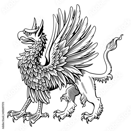 Standing Heraldic Griffin. Ink style engraving vector clipart. All white parts available for coloring.
