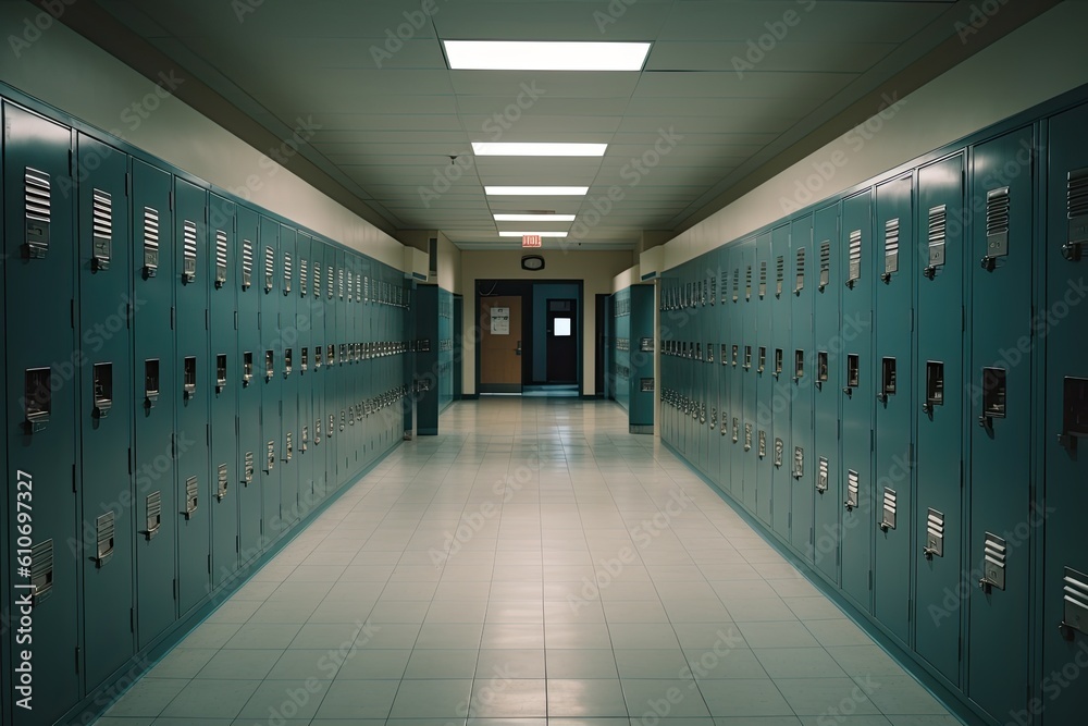 Interior of a school locker room with lockers and doors. An empty high ...