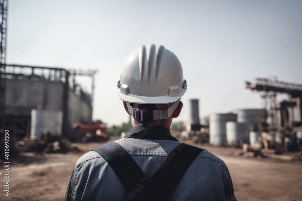 Rear view of engineer with safety helmet at construction site. Industrial background, An engineers rear view wearing a safety helmet in construction site, AI Generated
