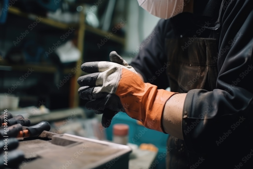 A man in a protective mask and gloves is working in the factory. An engineer wearing gloves working on project, AI Generated A man in a protective mask and gloves is working in the factory. An engineer wearing gloves working on project, AI Generated