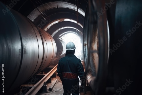 Industrial worker at the factory. Heavy industry concept. Industrial background, An engineer rear view working in front of steel pipes , AI Generated