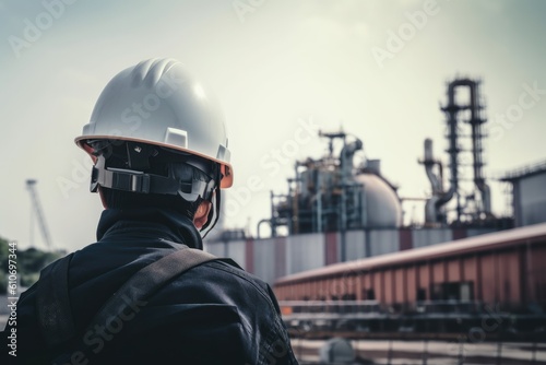 Engineer wearing safety helmet and standing in front of oil refinery. An engineers rear view wearing a safety helmet in construction site, AI Generated © Iftikhar alam