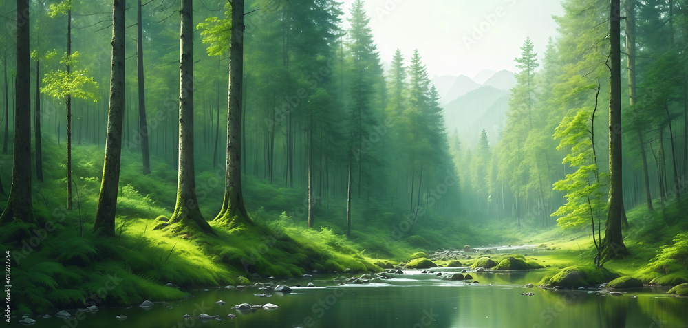 Landscape view of forest and creek, created with generative AI technology Landscape view of forest and creek, created with generative AI technology