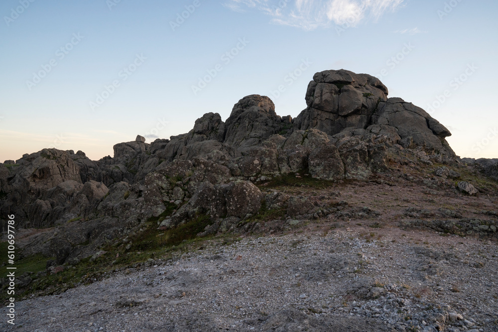 Panoramic view of The Giants rock massif in Cordoba, Argentina, at sunset. View of the rocky hills and sky.