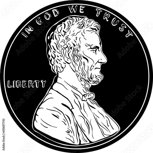 American money, United States one cent or penny, President Lincoln on obverse. Black and white image