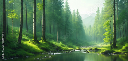 Landscape view of forest and creek, created with generative AI technology