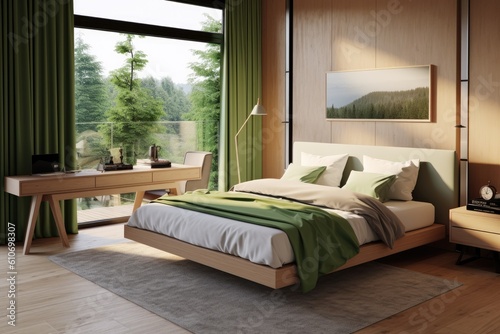 Relaxed Natural Sustainable Modern Green Primary Bedroom Interior with Organic Wood Accent Wall and Nature Forest Views in Summer Made with Generative AI