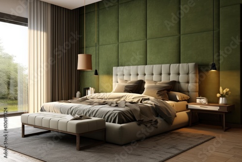 Colorful Cozy Minimal Modern Bedroom Interior With Green Accent Wall And Designer Styled Furniture Made With Generative AI