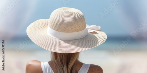 Back view young tourist woman in summer dress and hat standing on beautiful sandy beach. Cute girl enjoy her tropical sea on relax holiday vacation during summer time and sunshine day  generative ai