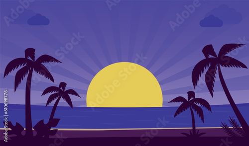 Evening on the beach with palm trees. Beautiful summer time cards, posters, flyers, party invitations.