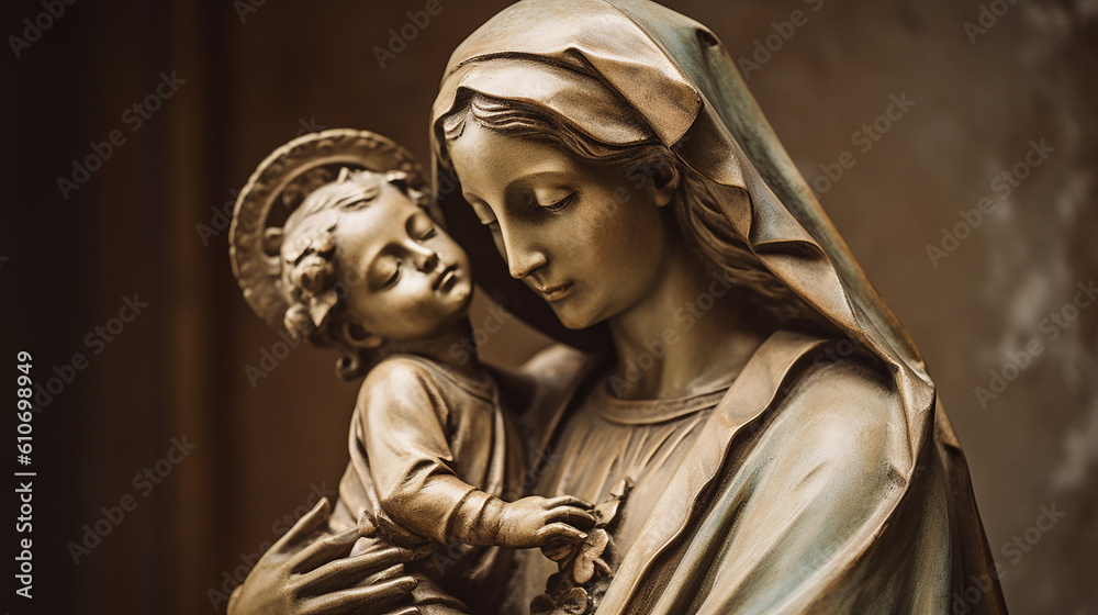 estátua de maria com menino jesus, simbolo religioso de fé cristã 