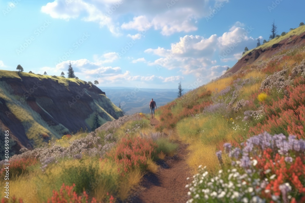 Adult Hiker Walking Through Wildflower Meadow Through Mountains on a Sunny Day Made with Generative AI