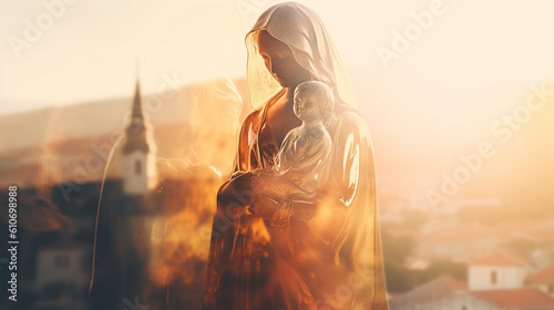 nossa senhora aparecida com menino jesus em por do sol dourado, simbolo da fé cristã católica 