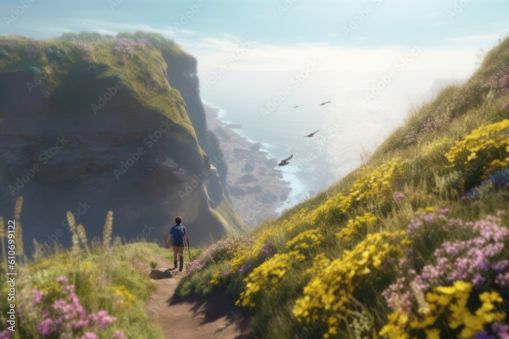 Young Hiker Walking Through Wildflower Meadow Through Mountains on a Sunny Day with Birds Flying Made with Generative AI