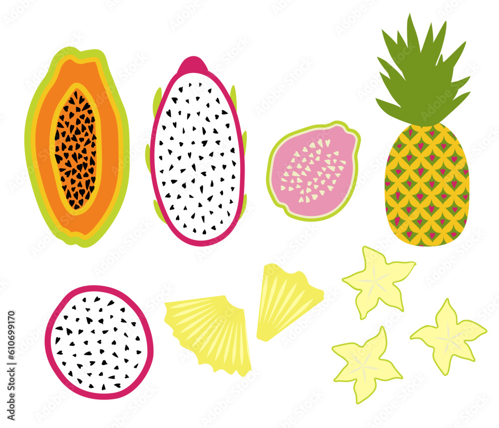Exotic tropical fruit set: papaya, pitaya, carambola, guava and pineapple. Isolated objects with vector illustration Exotic tropical fruit set: papaya, pitaya, carambola, guava and pineapple. Isolated objects with vector illustration