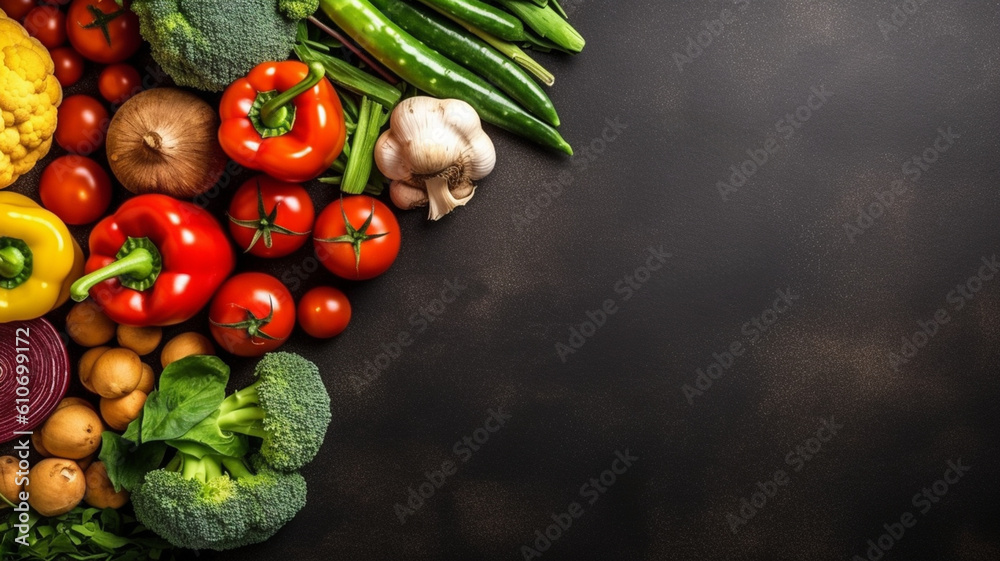 Vegetables on background top down view healthy eating. Generative AI Vegetables on background top down view healthy eating. Generative AI