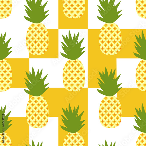 Vector botanical seamless pattern with tropical fruits. Pineapples on yellow and white squares