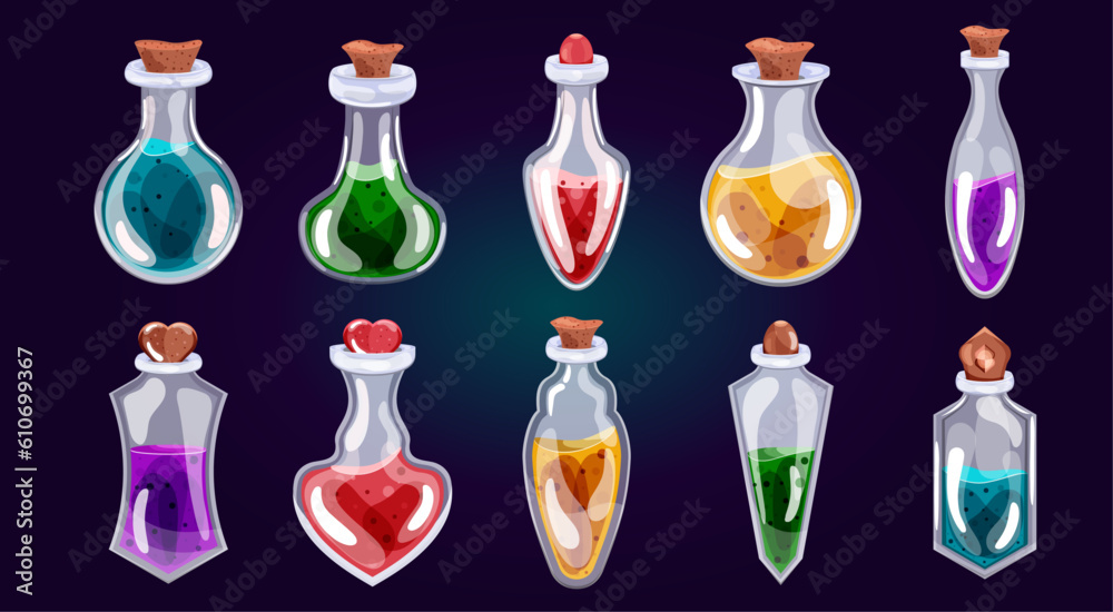 Set of bottles with potion in cartoon style. isolated. Vector stock ...