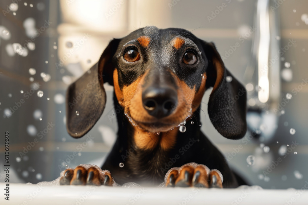 Dachshund dog in bathtub full of soap foam. AI generative - obrazy, fototapety, plakaty 