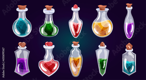 Set of bottles with potion in cartoon style. isolated. Vector stock illustration. Items for games. White background. Fairy tales. Halloween and holiday. beauty and fashion