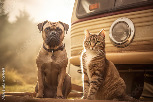 A cat and a dog enjoying the van life in their camper van. Generative AI
