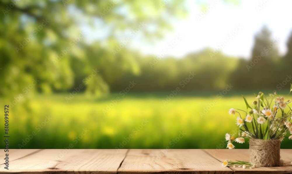 Wooden Table on Blurred Spring Meadow Wooden Table on Blurred Spring Meadow