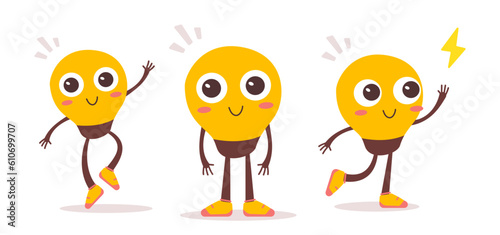 Vector illustration of happy light bulb character in different p