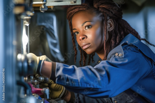 A young black female plumber working to fix a problem in a house. Generative AI. 