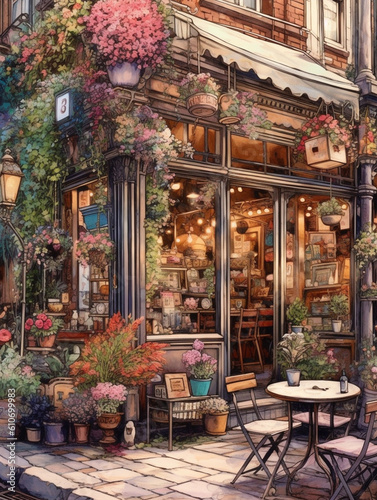 Watercolor illustration of a typical facade of a European street cafe. Decorated with colorful flowers. Customer chairs and tables with vintage designs in the outside space of the store.