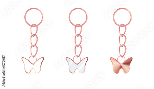 A set of pink gold or brass keychains in the shape of a butterfly. Chains made of metal or alloy. Metal key holders isolated on white background. Realistic vector illustration.