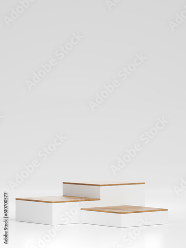 Realistic square box podium and wooden plank on top realistic in white background , Minimal scene for product presentation Showing concepts for stage performances Idea for art, design,3D rendering