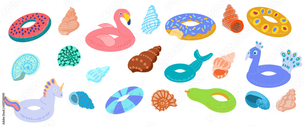 Cute summer collection with swimming circles and shells painted in doodle style. Vector illustration in a flat cartoon style.