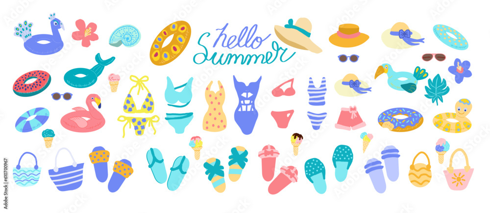 Big summer collection of beach design elements in a flat cartoon doodle style. Cute summer greeting card in horizontal format. Lettering hello summer Big summer collection of beach design elements in a flat cartoon doodle style. Cute summer greeting card in horizontal format. Lettering hello summer