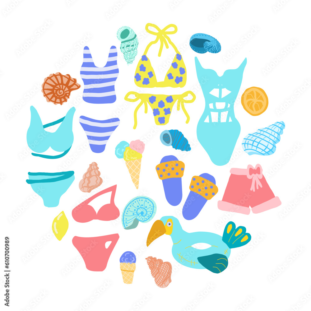 beach summer round composition with a set of summer elements in a flat cartoon doodle style. Swimsuits, flip-flops, seashells, swimming circles, and ice cream in a cute doodle style