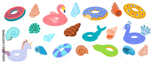 Cute summer collection with swimming circles and shells painted in doodle style. Vector illustration in a flat cartoon style.