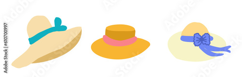 Vector set of beach summer straw hats in a flat cartoon doodle style.