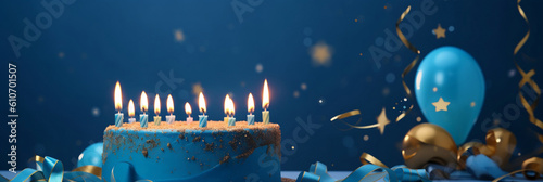 a blue birthday cake with lit candles and a gift under a stream of streamers and confetti on a blue background with stars, banner, generative AI