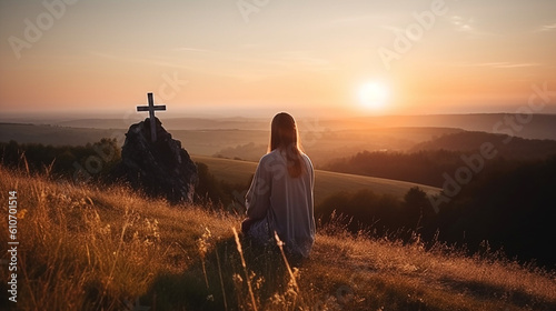 mulher em ora    o em por do sol  f   crist   