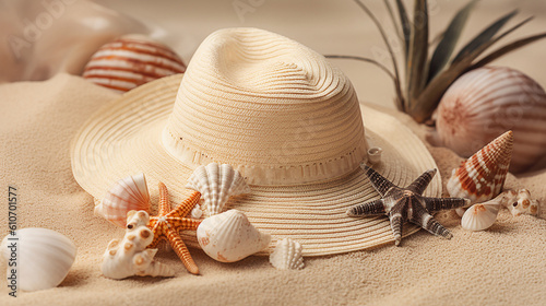 cenário de fundo de férias no verão, chapéu com conchas do mar em tons de areia 