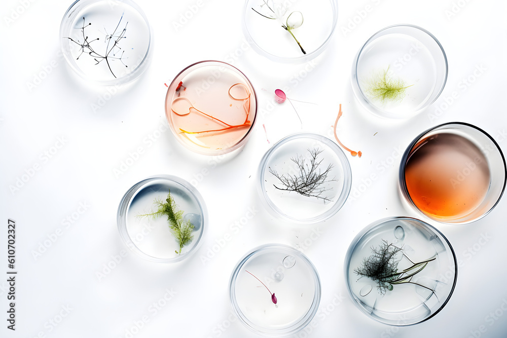 Laboratory glassware, Petri dishes floating on water on a white background. Naturopathic treatments, cosmetic research, life sciences, organic skincare. top view, plan.. Laboratory glassware, Petri dishes floating on water on a white background. Naturopathic treatments, cosmetic research, life sciences, organic skincare. top view, plan..