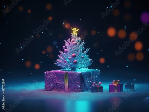 Christmas tree and gift box on wooden background with bokeh lights,  rainbow colors © Color