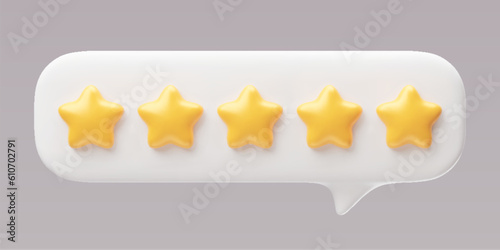 Five star rating, positive feedback 3d realistic style rendering. Customer review with five metallic golden stars in speech bubble. Service satisfaction, quality, good rate vector illustration