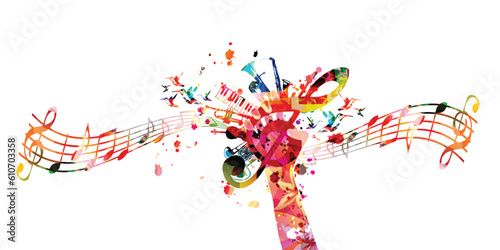 Hand holding G-clef with musical instruments vector illustration. Playful background for live concert events, music festivals and talent shows, party flyer with treble clef and musical notes	