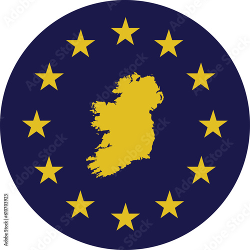 Badge of Yellow Map of Ireland in colors of EU flag