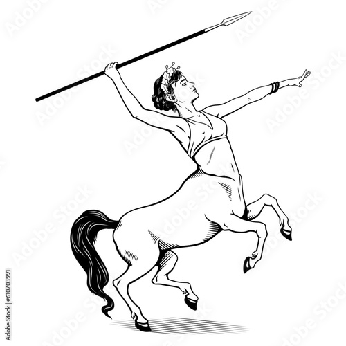 Centaur girl with spear. Vector Ink Style Outline Drawing. Shadow is the separate object.