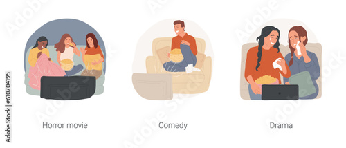 Watching movies on TV isolated cartoon vector illustration set. Scared teenage friends watching horror movie, laughing with comedy, eating popcorn, girls crying in front of TV drama vector cartoon.