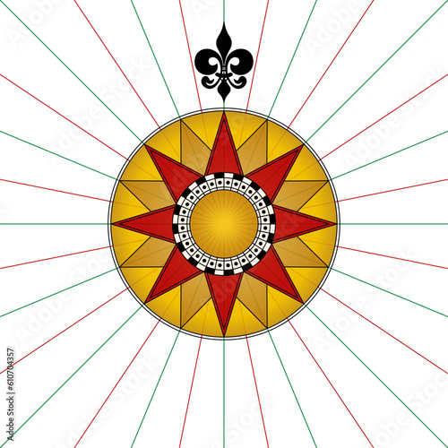 Compass rose with a fleur-de-lis pointing north. Compass star or wind rose with eight principal winds, showing the cardinal directions and intermediate points, inspired by a medieval map of Piri Reis.